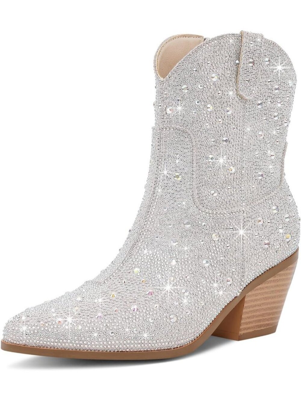 Women's Silver Sparkly Ankle Cowgirl Boots Glitter Pointed Toe Chunky Heels
